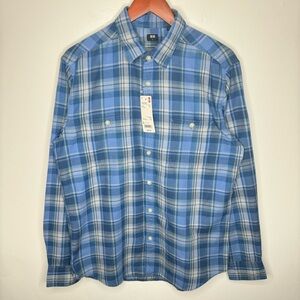 UNIQLO Blue Plaid Flannel Long Sleeve Button‎ Down 100% Cotton Size L